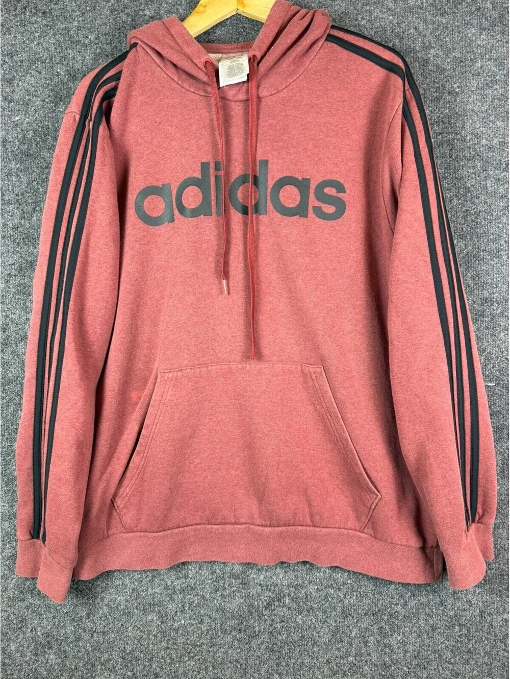 adidas Hoodie Mens XL Heather Red Maroon Black 3 Stripe Spellout Sweatshirt